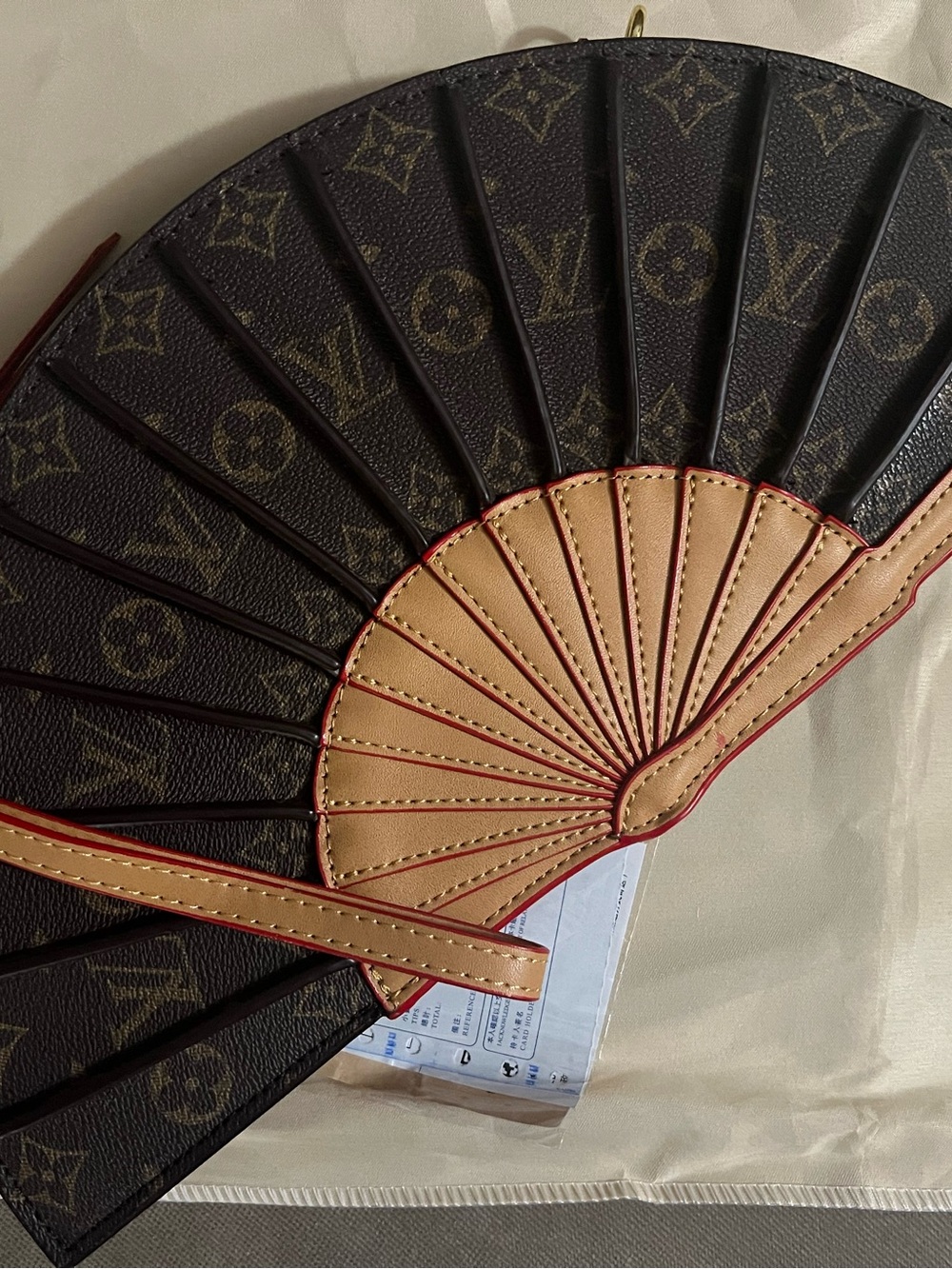 Designer-Inspired Brown Monogram Fan Clutch with Tan Trim